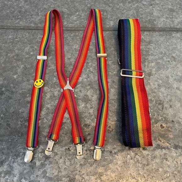 Rainbow Suspenders and Belt One Size Adjustable Vintage Retro 70s Smiley Face - Picture 1 of 9